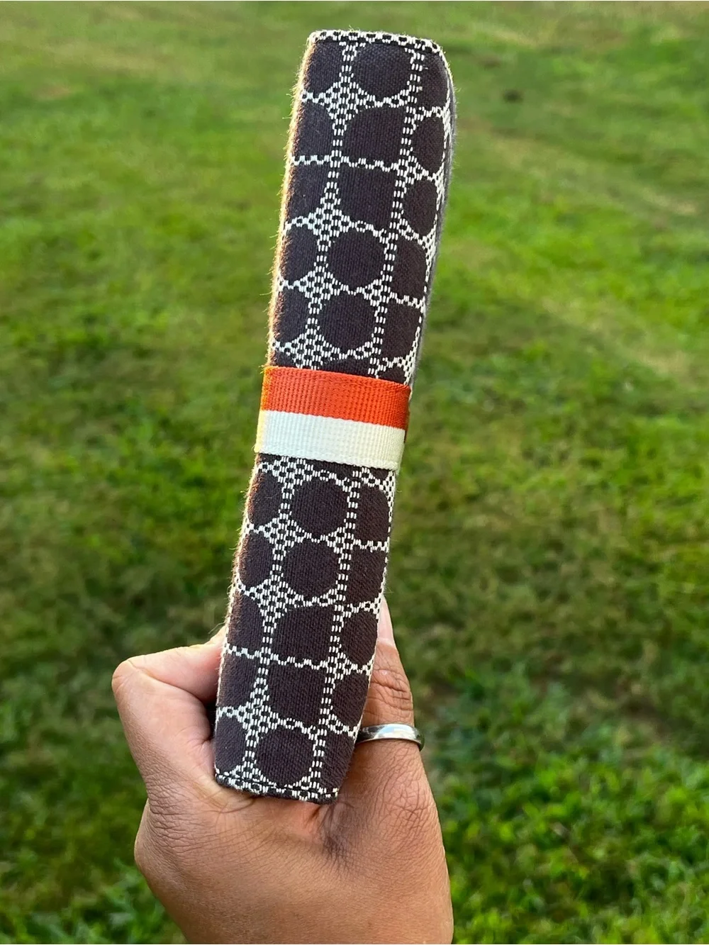 kate spade brown tablet folio with orange and cream stripe
